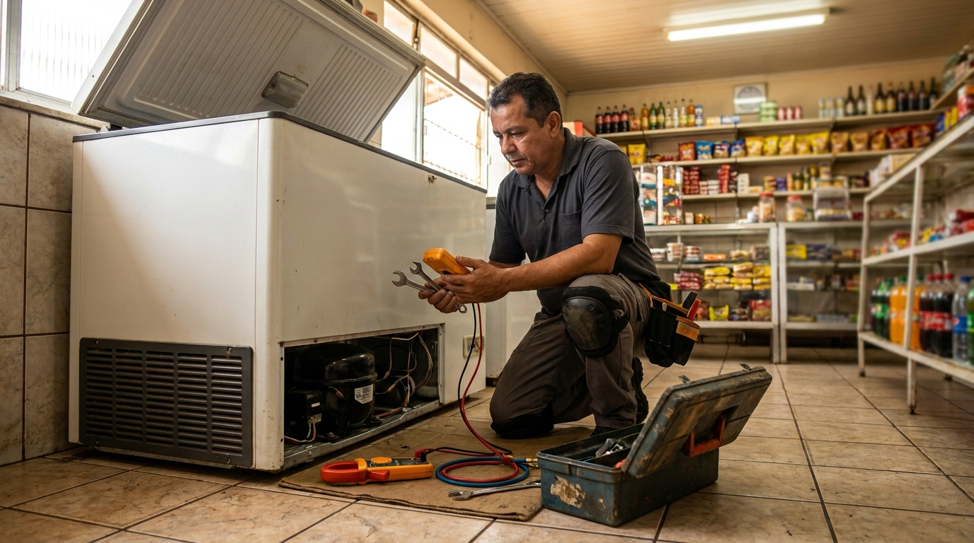 Técnico realizando manutenção de motor de freezer na Alegria, Campos dos Goytacazes‑RJ