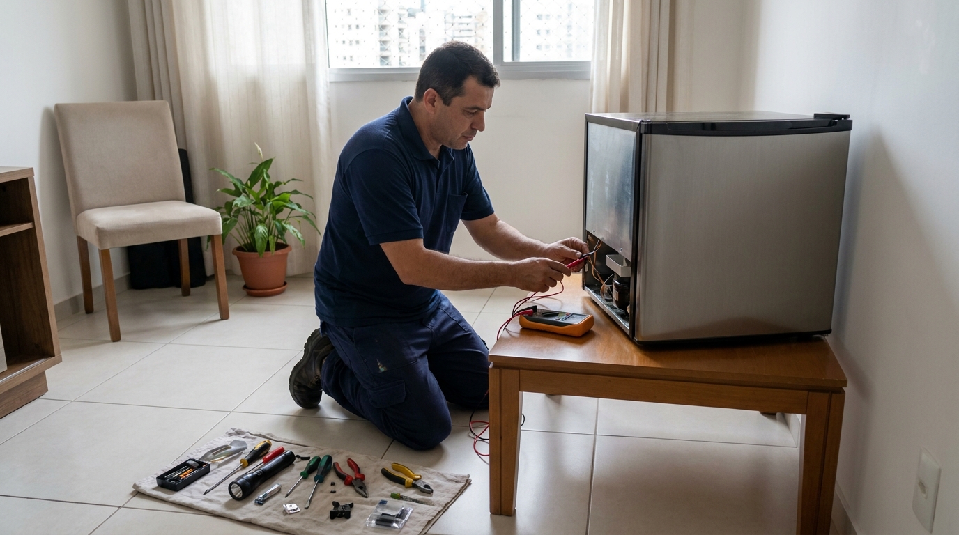 Técnico realizando manutenção de motor de frigobar em Santa Inês, Campos dos Goytacazes‑RJ