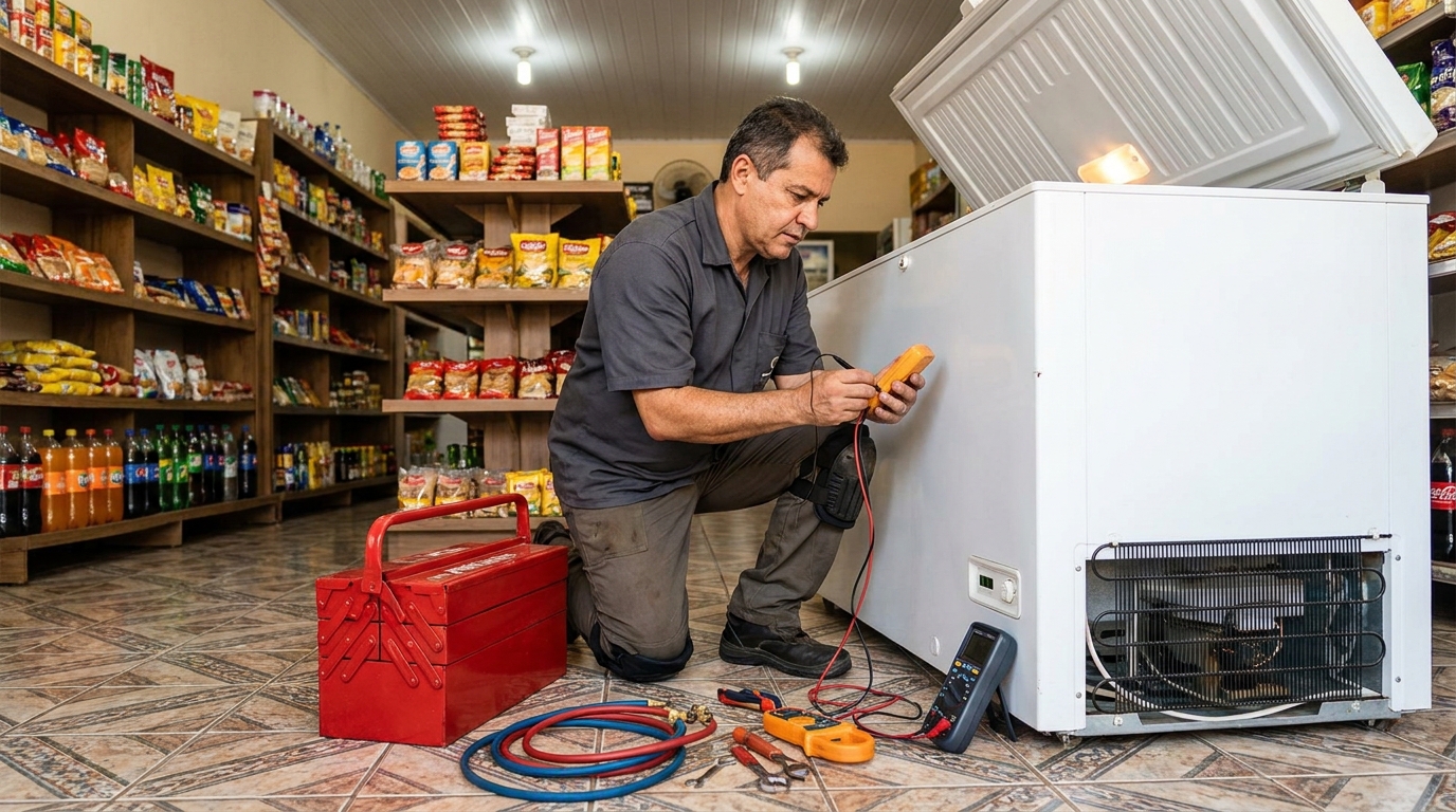 Recarga de gás refrigerante em freezer em atendimento na Alegria, Campos dos Goytacazes‑RJ