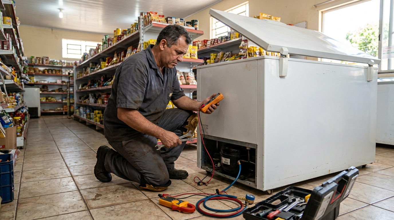 Troca de termostato de freezer em atendimento técnico na Alegria, Campos dos Goytacazes‑RJ